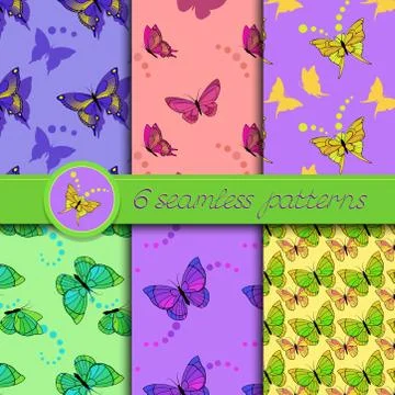 Vector set of seamless patterns with butterflies. Stock Illustration