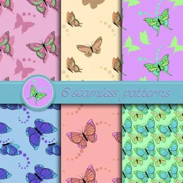 Vector set of seamless patterns with butterflies. Stock Illustration