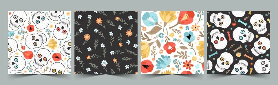 Vector set of seamless patterns for the day of the dead. Colorful cute illust Illustrazione stock