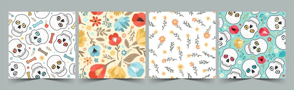 Vector set of seamless patterns for the day of the dead. Colorful cute illust Illustrazione stock