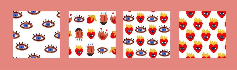 Vector set of seamless patterns with doodle eyes and hearts with fire. Teenagers イラスト素材