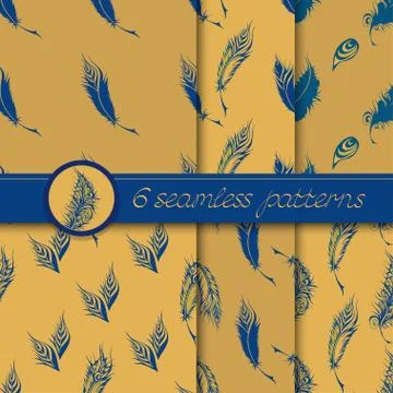 Vector set of seamless patterns with feathers Stock Illustration