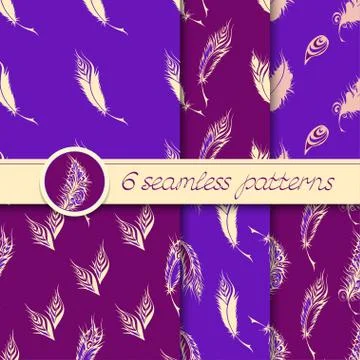 Vector set of seamless patterns with feathers Stock Illustration