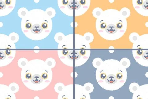 Vector set of seamless patterns of head of a polar bear with snow for child.. Stock Illustration