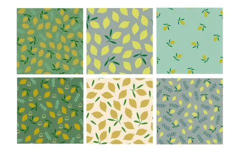 Vector set of seamless patterns with lemons, kitchen food pattern in green and Stock Illustration