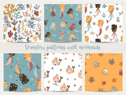 Vector set of seamless patterns with mermaids Stock Illustration