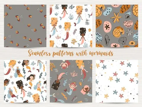 Vector set of seamless patterns with mermaids Stock Illustration
