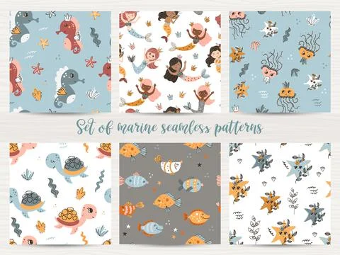 Vector set of seamless patterns with mermaids and sea animals Stock Illustration
