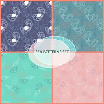 Vector set of seamless patterns on the seashells. 스톡 일러스트
