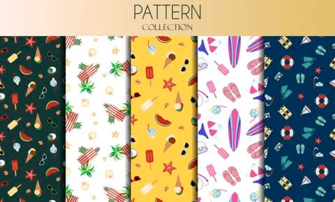 Vector set of seamless patterns with summer accessories a swimsuit, surfboard Stock Illustration