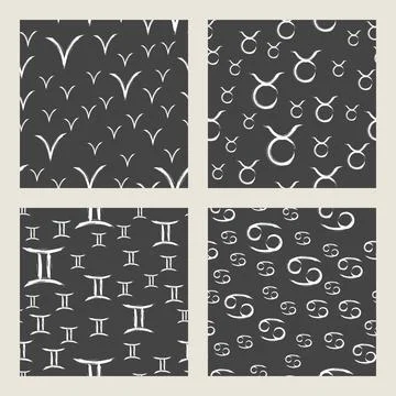 Vector set of seamless patterns with white zodiac signs on black background. 스톡 일러스트