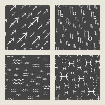 Vector set of seamless patterns with white zodiac signs on black background. Stock Illustration
