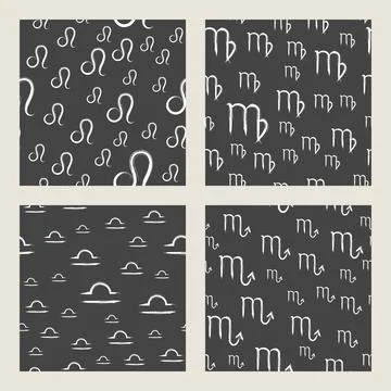 Vector set of seamless patterns with white zodiac signs on black background. Stock Illustration