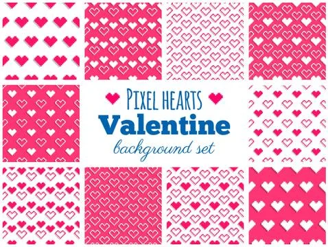 Vector set of seamless pixel art heart patterns for Valentine's Day 스톡 일러스트