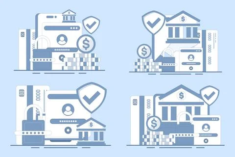 Vector set of secure online banking illustrations with mobile payment technology Stock Illustration