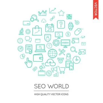 Vector Set of SEO Modern Flat Thin Icons Inscribed in Round Shape Stock Illustration