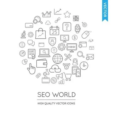 Vector Set of SEO Modern Flat Thin Icons Inscribed in Round Shape Stock Illustration