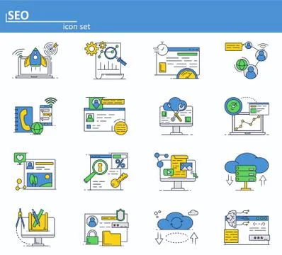 Vector set of SEO optimization and digital internet marketing. Online services Stockillustratie