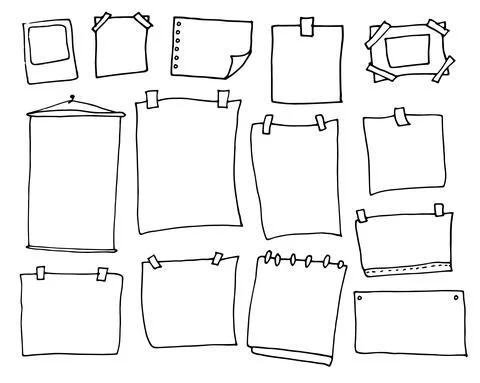 Vector set of sheets of paper on tape, spring with a folded page, hand-drawn in Stock Illustration