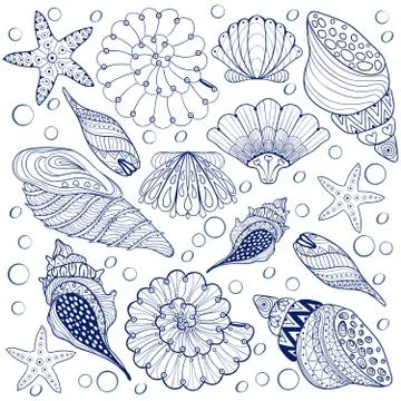 Vector set Shells, zentangle blue seashells for adult anti stres Stock-Illustration