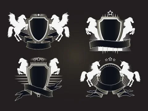 Vector set of shields with old banners and silhouettes rearing horses, Pegasu Stock Illustration