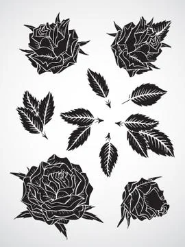 Vector set of silhouettes flowers and leaves. Illustrazione stock