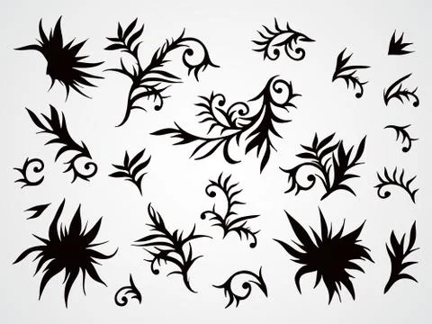 Vector set of silhouettes flowers, branches and leaves. Stock Illustration