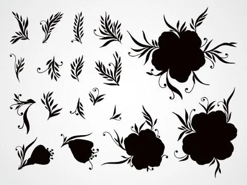 Vector set of silhouettes flowers, branches and leaves. Stock Illustration