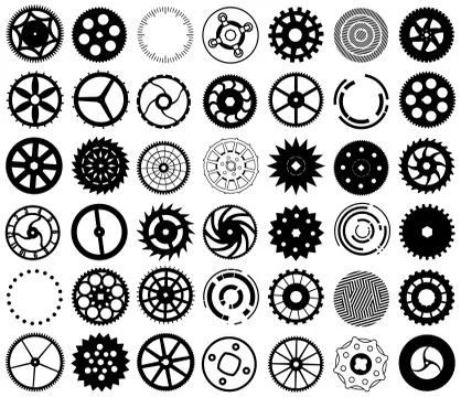 Vector set of silhouettes of gears and other round objects Stock Illustration