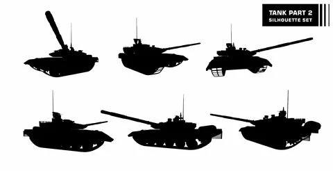 Vector set of silhouettes of tank warfare equipment Stock Illustration