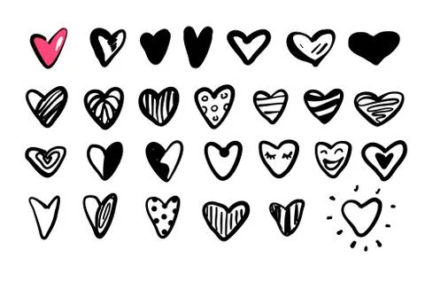 Vector set of simple hand drawn contour line hearts Illustrazione stock