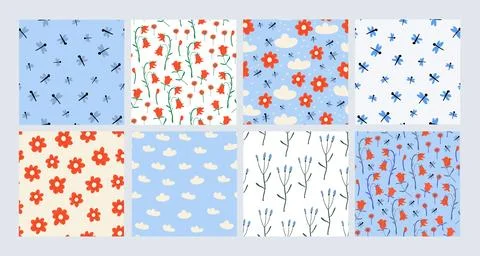 Vector set of simple spring patterns with dragonflies, red flowers, clouds, sky Stock Illustration