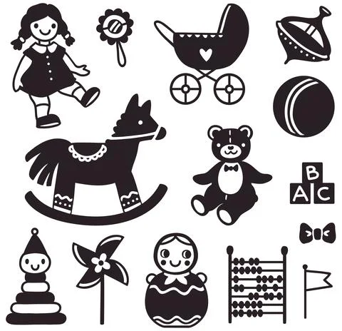 Vector set of simplified images of silhouettes of vintage soviet toys for chi Stock Illustration