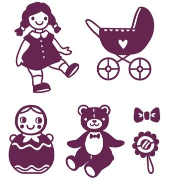 Vector set of simplified silhouettes of retro children s toys for girls Stock Illustration