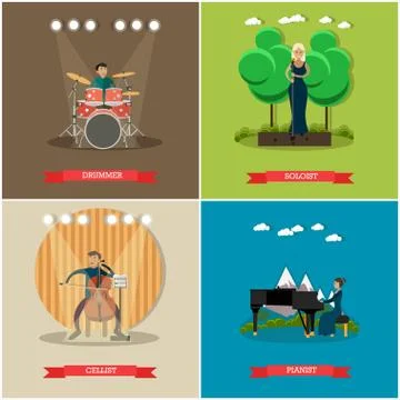 Vector set of singers and musicians concept flat posters Stock Illustration
