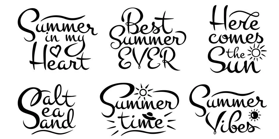 Vector set of six calligraphic inscriptions on the theme of the sun and summer Stock Illustration
