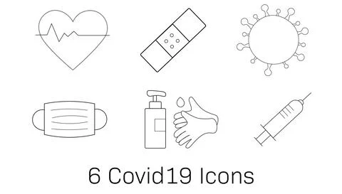 Vector set of six Covid-19 Icons including face mask, hand sanitizer, etc. Stock Illustration