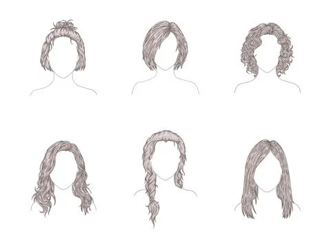 Vector set of six different women hairstyles. Sketch style illustration. Hand Stock Illustration