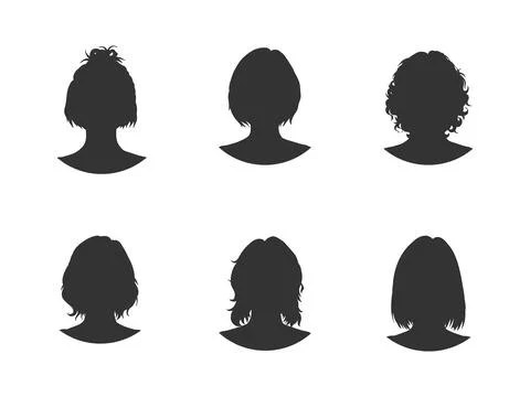 Vector set of six different women heads silhouettes with hairstyles. Hand dra Stock Illustration