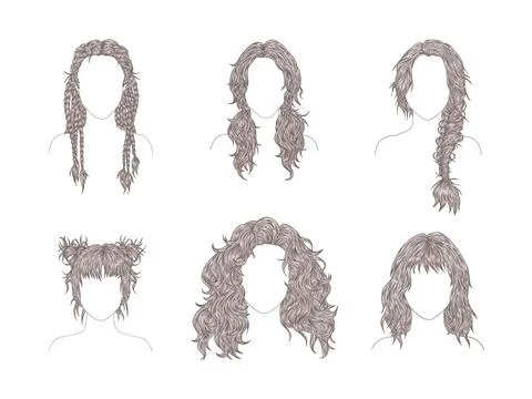 Vector set of six different women hairstyles. Sketch style illustration. Hand Illustrazione stock