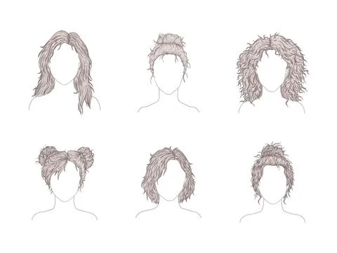 Vector set of six different women hairstyles. Sketch style illustration. Hand Stock Illustration