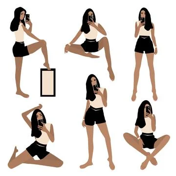 Vector set of six girls taking selfies on a mobile phone in different poses Stock Illustration