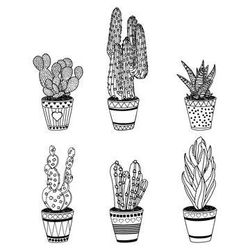 Vector set of six images of home flowers in pots in black on a white Stock Illustration