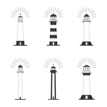 Vector set of six minimalist lighthouse icons in black and white for marine. Ilustración de archivo