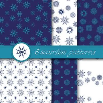 Vector set of six seamless Christmas pattern with snowflakes. Stock Illustration