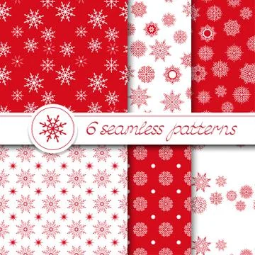 Vector set of six seamless Christmas pattern with snowflakes. Stock Illustration