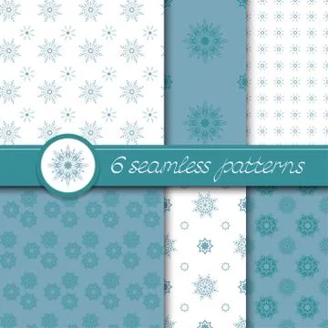 Vector set of six seamless Christmas pattern with snowflakes. Stock Illustration
