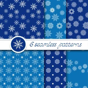 Vector set of six seamless Christmas pattern with snowflakes. Stock Illustration