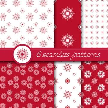 Vector set of six seamless Christmas pattern with snowflakes. Stock Illustration
