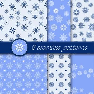 Vector set of six seamless Christmas pattern with snowflakes. Stock Illustration